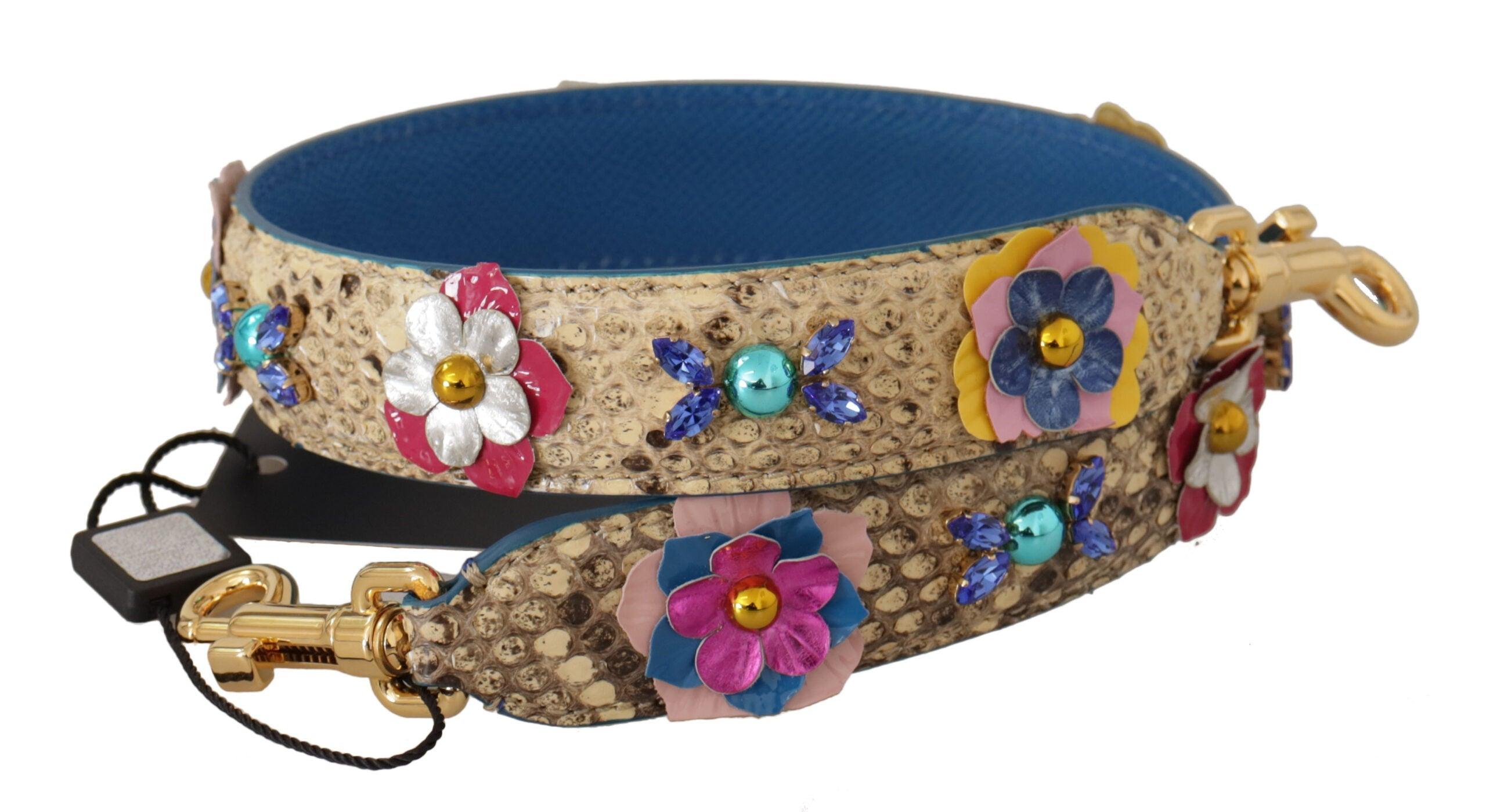 Beige Python Læder Skulderrem med Blomsterdetaljer