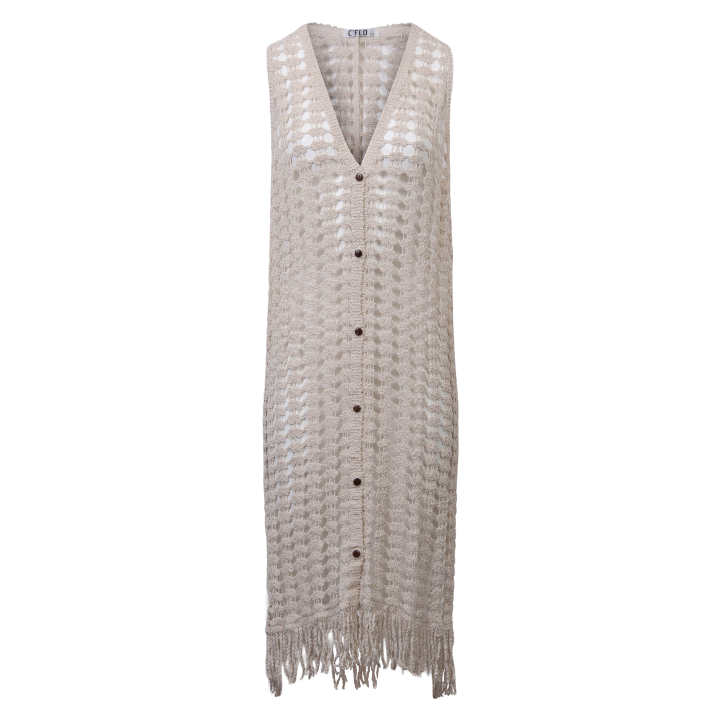 Elegant hæklet beige damekjole med frynser – Onsale!