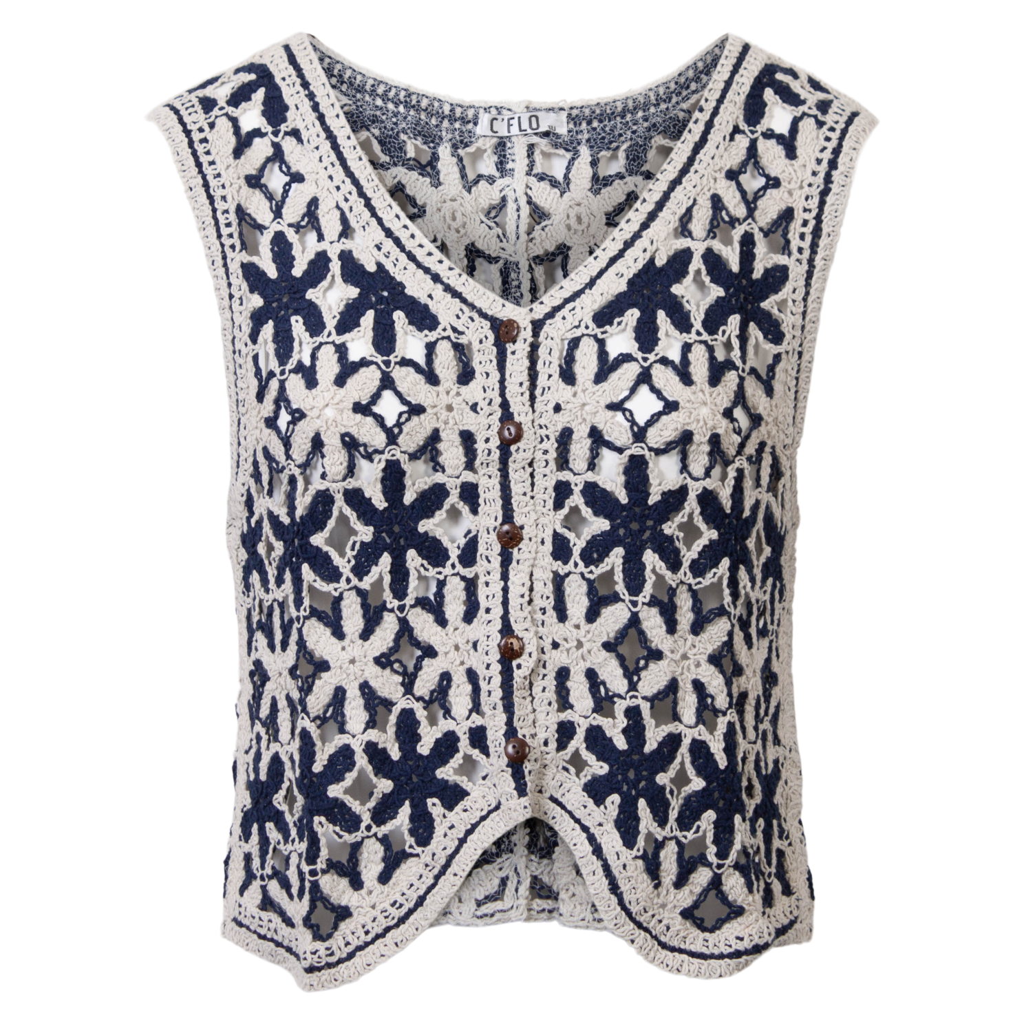 Hæklet blå dame vest med dyb v-udskæring – Must-have!
